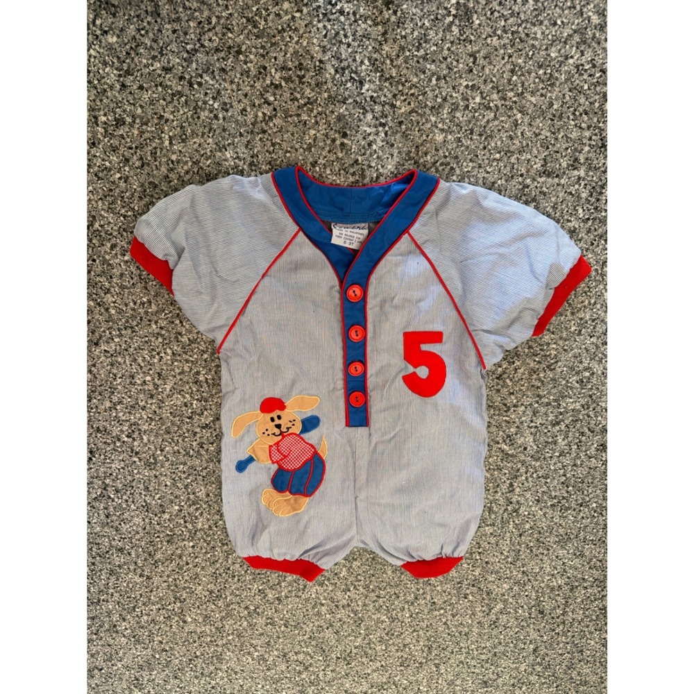 Vintage Samara Toddler Baseball Romper Blue Seersucker Puppy Dog 3T